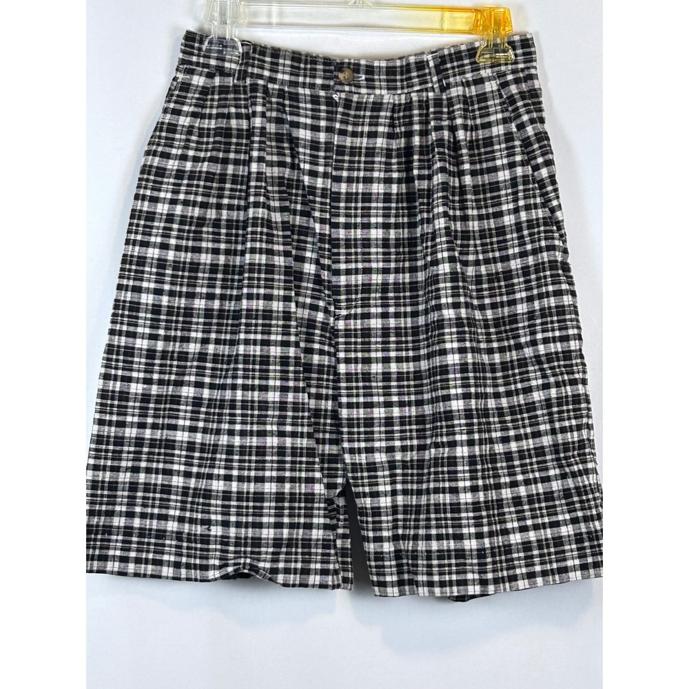 Vintage Lisa Black  White Plaid Linen Cotton Pleated High Waist Shorts Men